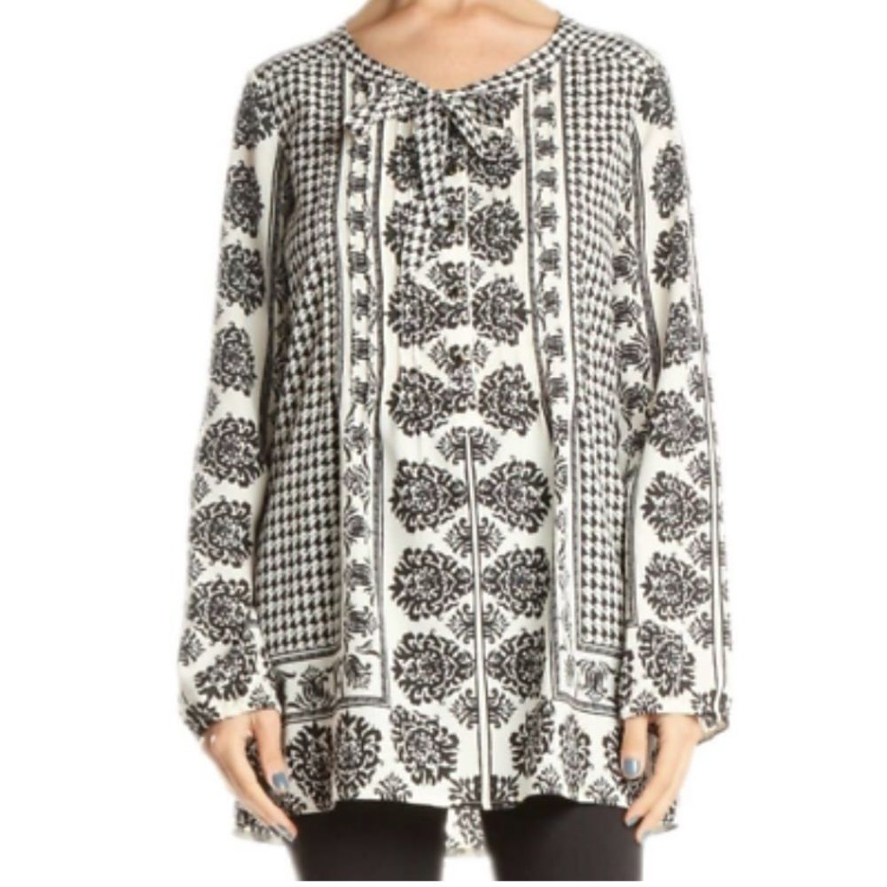 Lands’ End White Black Houndstooth Floral Tie-Neck Button Front LS Tunic Sz 12